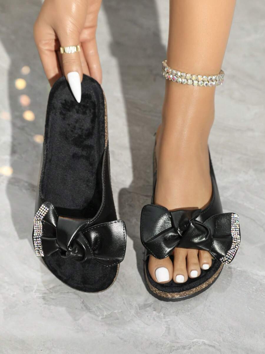 roulvxiang Bow Detail Rhinestone Glitter Platform Sandals - Non-Slip Summer Beach Slides For Women Viral Thick Sole Indoor Outdoor Comfort Shoes