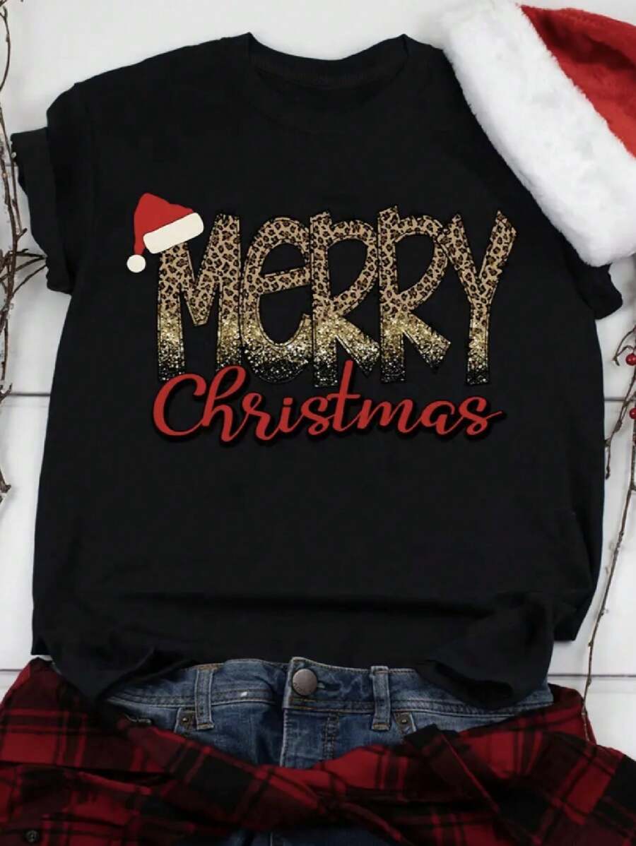 Christmas-Themed Pattern Printed Round Neck T-Shirt, Casual Short-Sleeve Top For Spring And Summer, Women's Wear