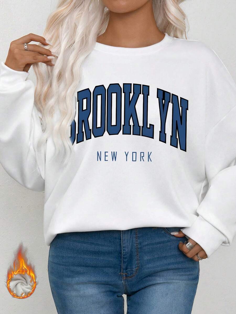 Blauwe letters slogan Dames Herfst en winter Wit Veelzijdig Thermisch gevoerd Oversized sweatshirt met ronde hals Losvallend Casual Straatsportstijl Lange mouwen Kleding voor koud weer Katoen Dames Plus Fluweel Comfortabel Curve Oversized sweatshirt Sweatshirt