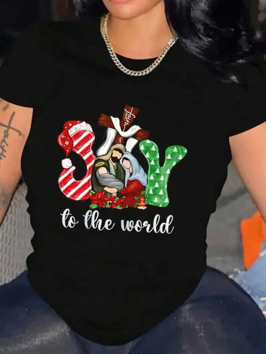 Joy Comes To The World Graphic Print Women T-Shirt Cotton Casual Short Sleeve Breathable
