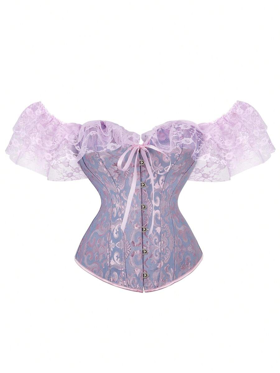 Women Floral Lace Off Shoulder Corset Bustier Boned Overbust Corset Bodyshaper Lingerie Top