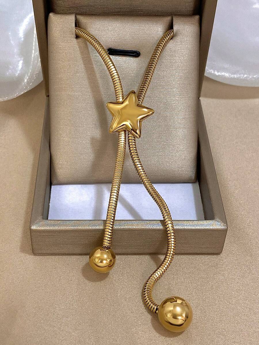 1 Pieza Collar largo de acero inoxidable con decoración de estrella dorada para mujer, collar de cadena para uso diario y fiestas, regalo de joyería