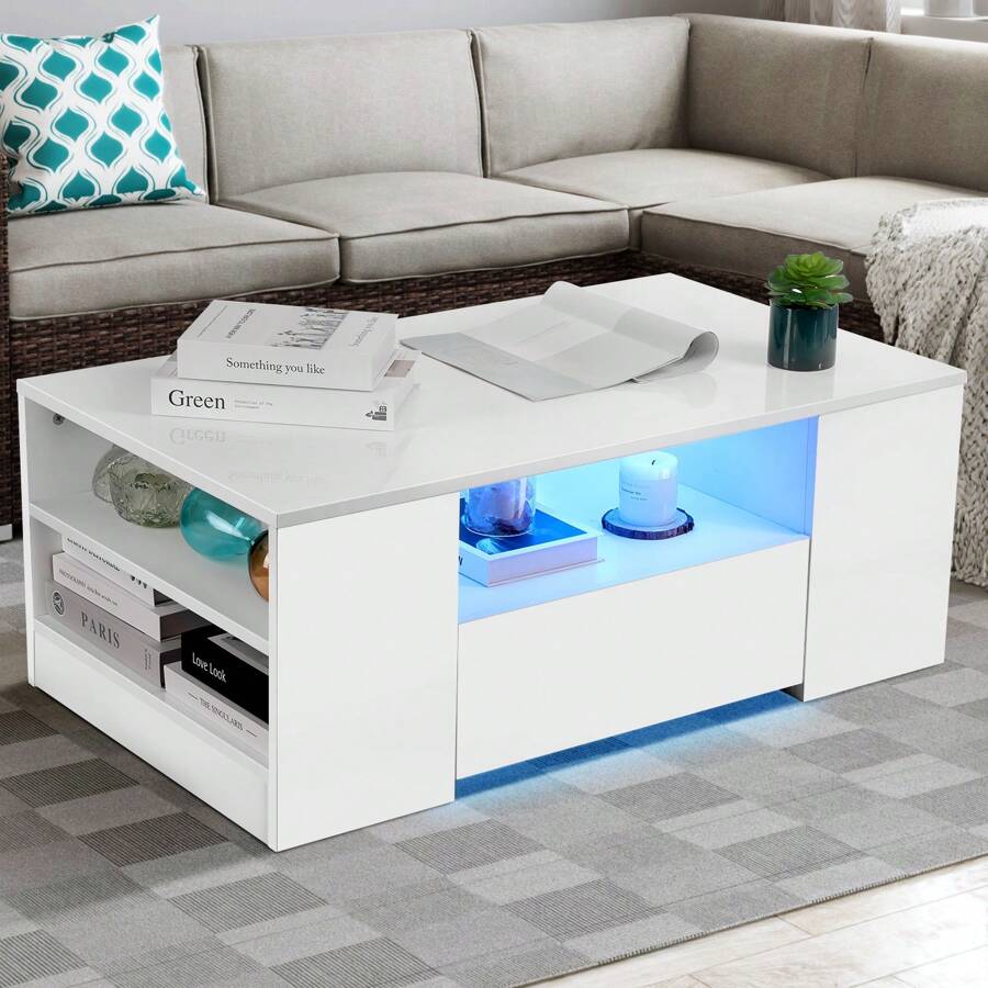 OYAJIA Couchtisch mit Stauraum, Weiß Couchtisch mit LED Lichtern, Couchtisch für Wohnzimmer Rechteckiger Mitteltisch mit 2 Schubladen und 6 offenen Regalen, Home Office Möbel