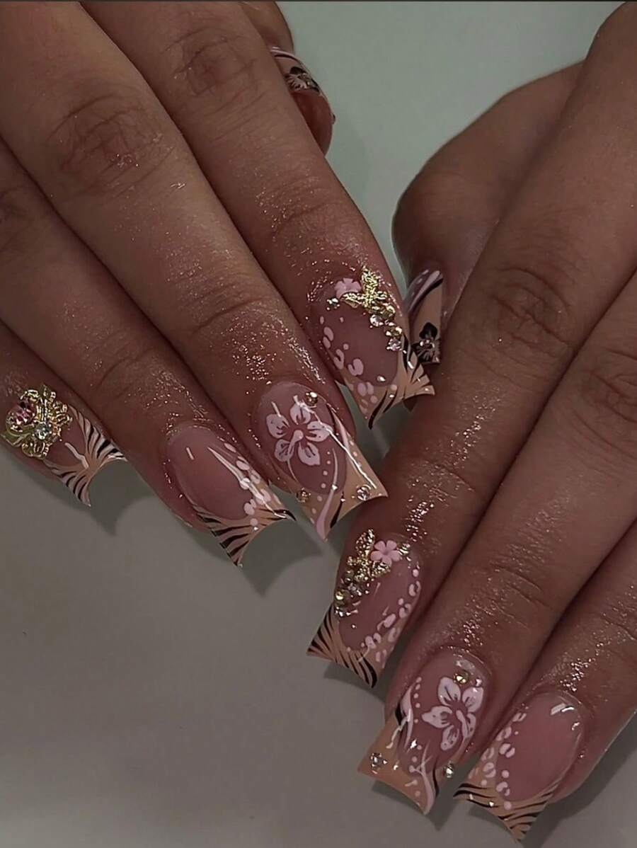1 Box Of 24pcs French Style Nail Tips, Gentle Fashion Simple Elegant Leopard Floral Glitter Butterfly Heart Design, Removable Nail Tips Suitable For All Girls And Women, With Nail File Included Press On Nails