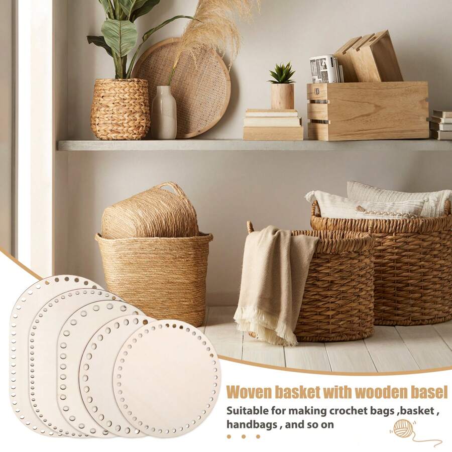 Set de 5 soportes de cesta de ganchillo, cestas de ganchillo con bases de madera, suelo de madera de ganchillo, cestas de madera natural, soportes de cesta de ganchillo DIY, manualidades, textiles para el hogar, bases de madera de ganchillo DIY, suministros de manualidades, bases de madera de ganchillo, cestas de ganchillo en blanco con bucle colgante DIY