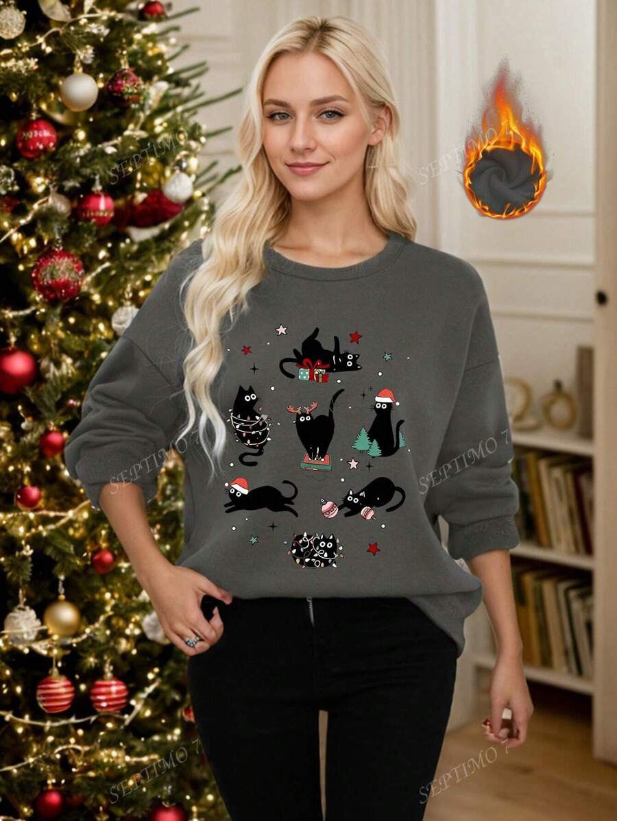 Cartoon Kitten Print Sticker Dames Curve Oversize Herfst en winter Veelzijdig Thermisch gevoerd Oversized sweatshirt met ronde hals Losvallend Casual Straatsportstijl Lange mouwen Kleding voor koud weer Katoen Dames Plus Fluweel Comfortabel Grijs sweatshirt Sweatshirt Warme kleding Kleding voor koud weer