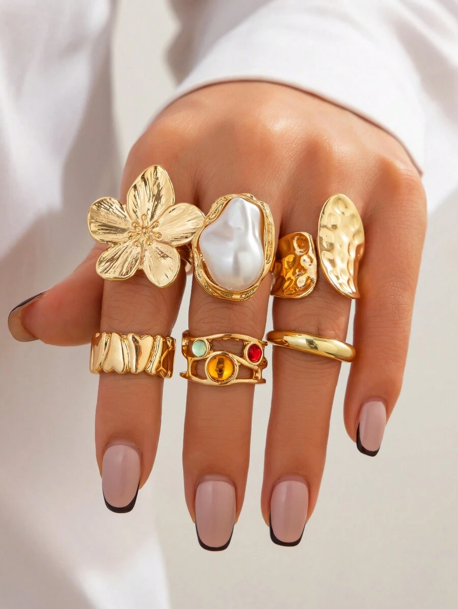 6pcs/Set Vintage Floral & Gemstone Decorated Rings, Women Elegant Baroque Pearl Rings, Punk Hip-Hop Gold Knuckle Rings, Suitable For Daily Wear, Party & Banquet, Festivals, Versatile Fashion Jewelry