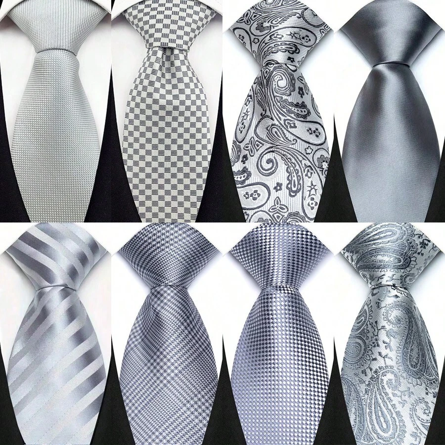 GOADAFOO Cravatta di lusso da uomo da 8 cm, colore grigio argento, con puntini, righe e tinta unita, cravatta damascata intessuta per uomo, sposo, affari, matrimonio e festa