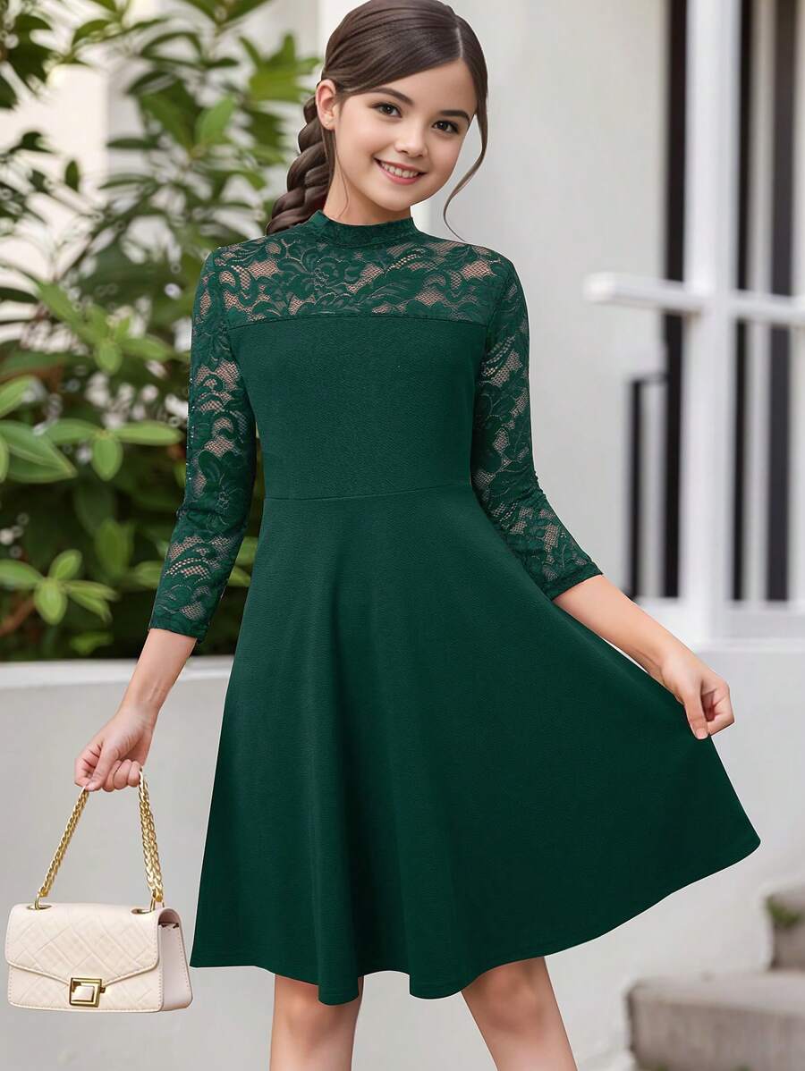 Tween Girl Elegant Lace Patchwork 3/4 Sleeve Party Dress