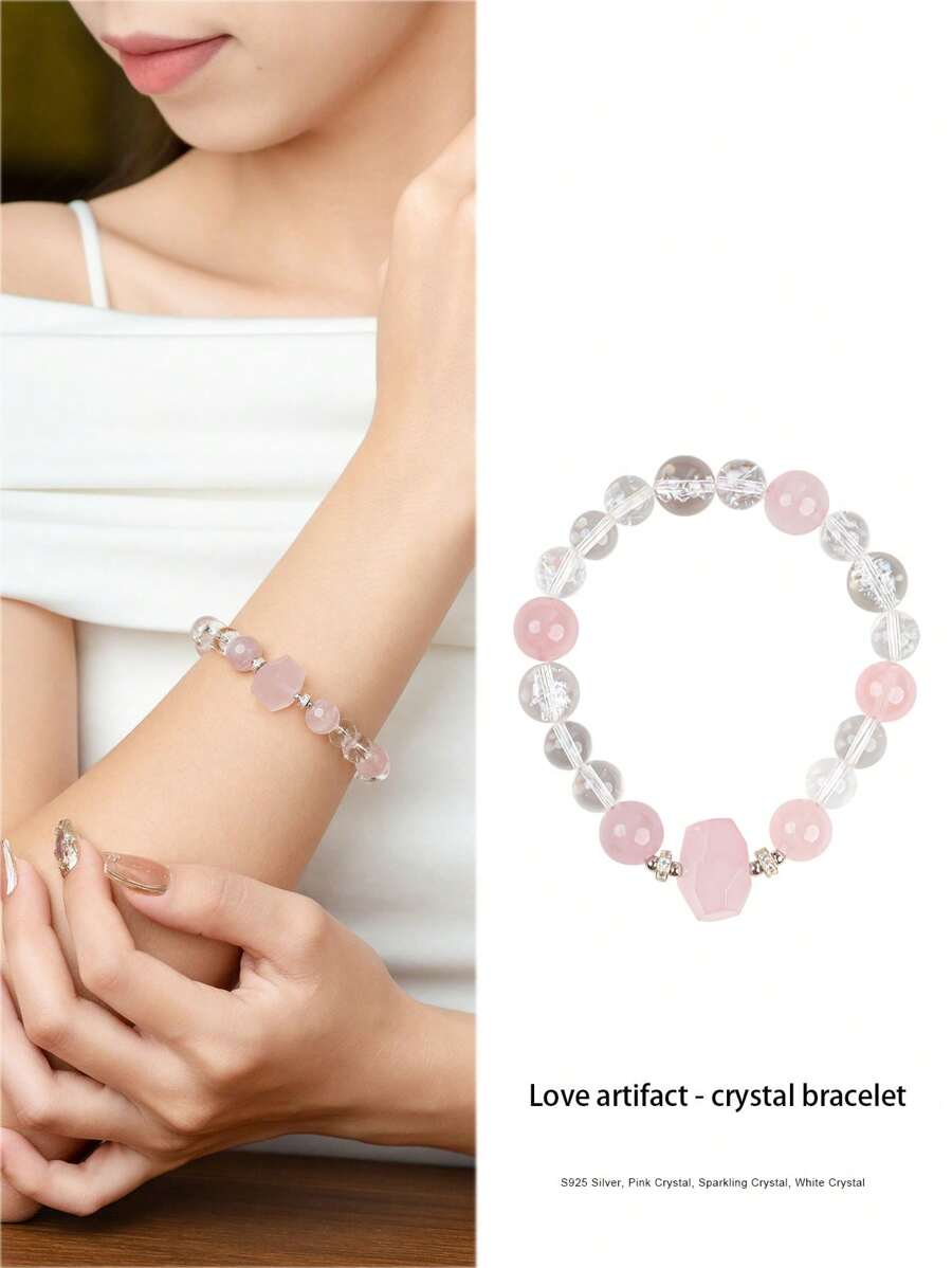 VE 1 Stück hochwertiges Sterling Silber Armband mit natürlichen Kristallen, kombiniert rosa Quarz und weißen Quarz, sanfte und elegante Farbe, symbolisiert Liebe und Reinheit. Seine sanfte Energie kann zwischenmenschliche Beziehungen und persönliche Ausstrahlung verstärken, was es zu einer tollen Wahl für Geschenke oder den Eigenbedarf macht. Die Schmuckfarbe ist zufällig.