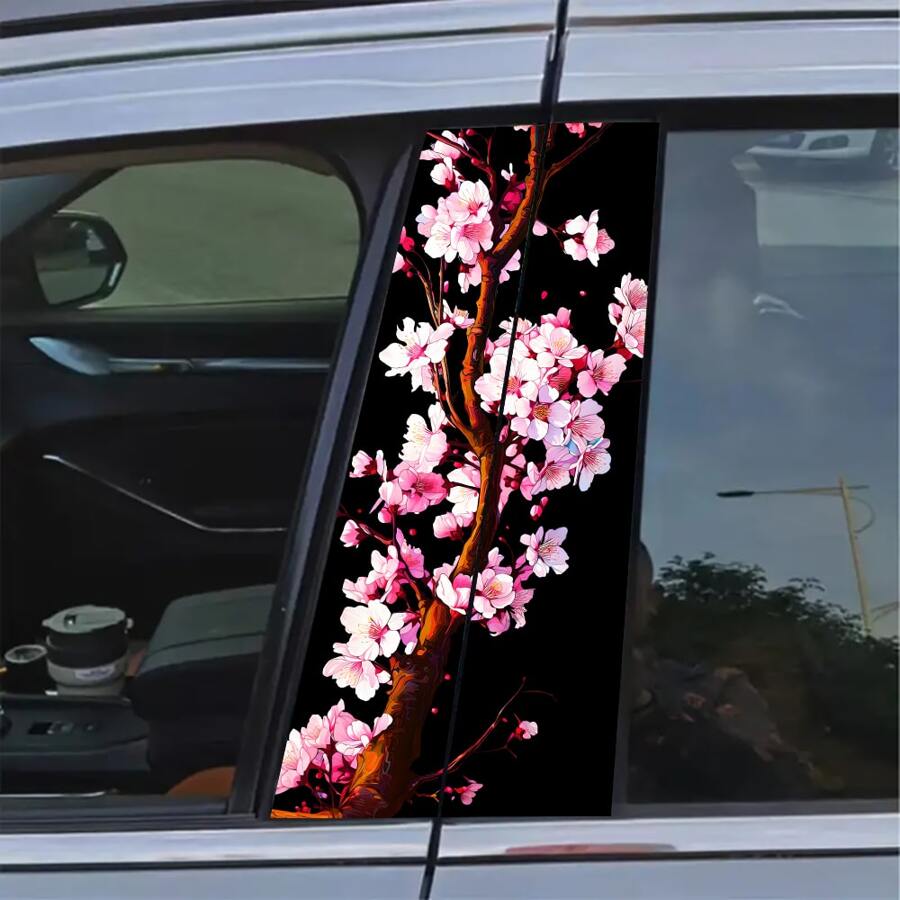 2pcs Anime Cherry Blossom Vinyl Car Stickers - Creative B-Pillar Protection Decals, Easy To Apply On Glass Surfaces