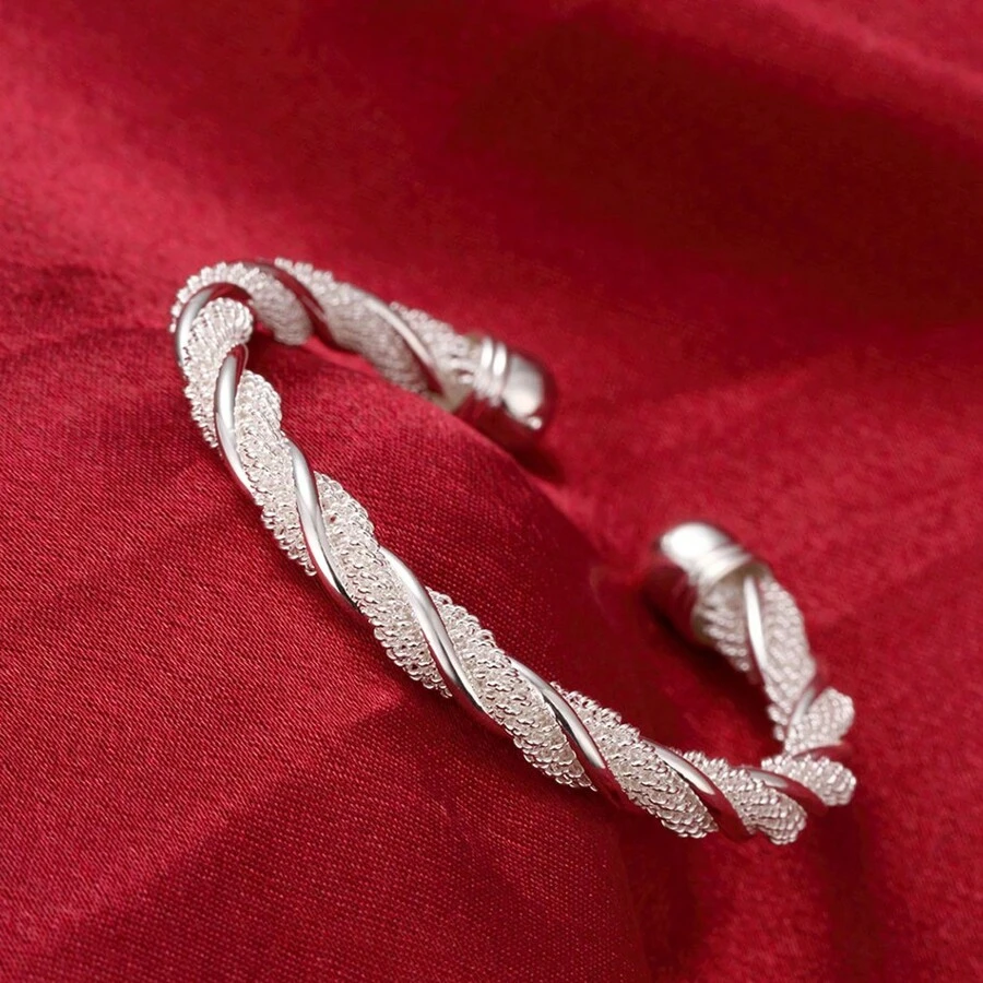 1 pieza Brazalete abierto de lujo de plata 925 con diseño de red retorcida para mujer