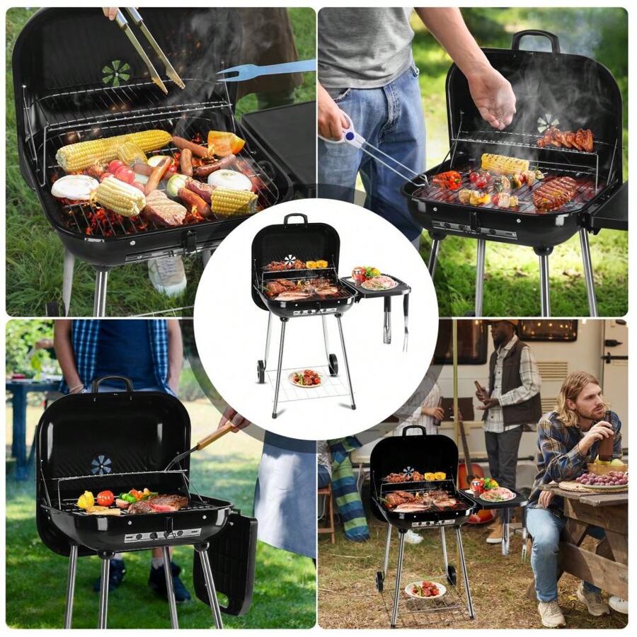 28" Portable Charcoal Grill With Wheels And Foldable Side Shelf, Large BBQ Smoker With Adjustable Vents On Lid For Outdoor Party Camping Picnic