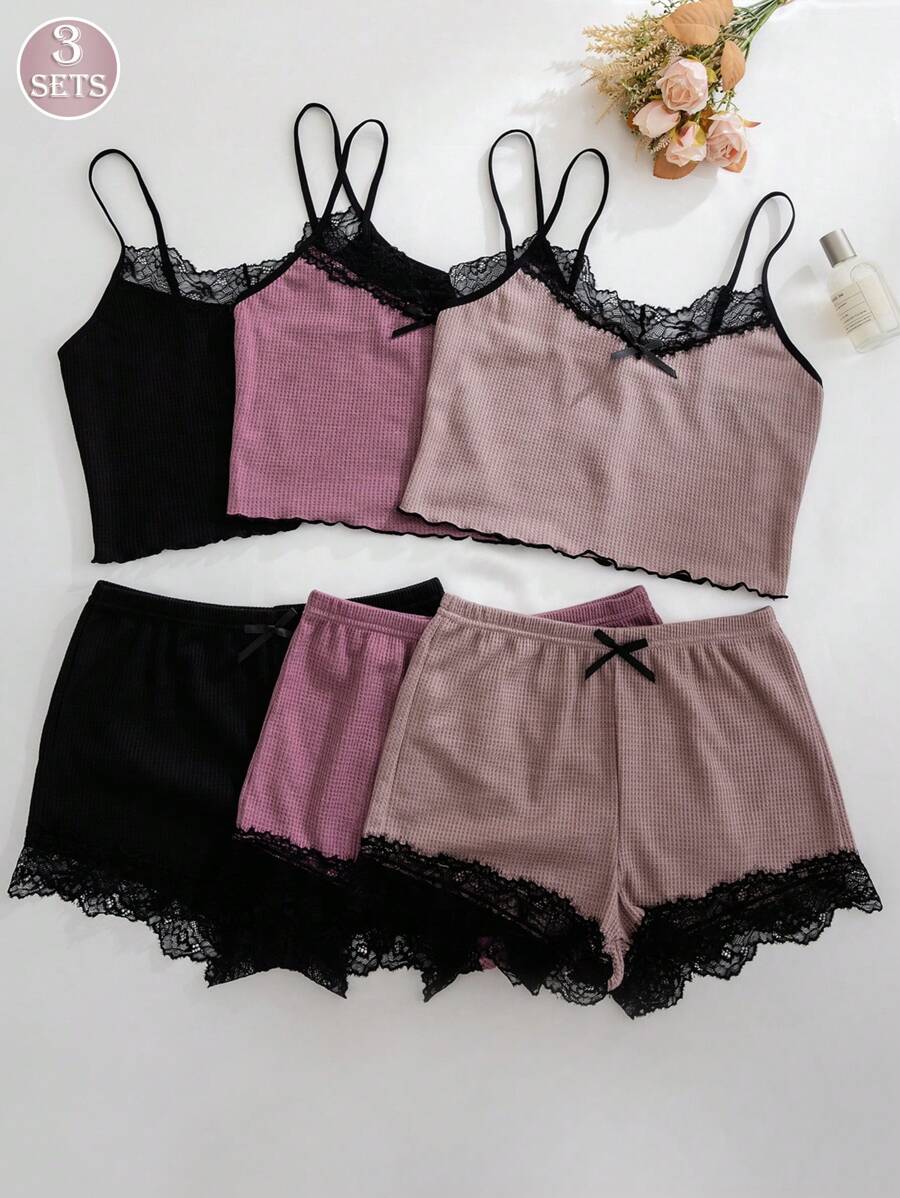 3-delige pyjamaset voor dames - wafelstof cami-top met kantsplit en shorts