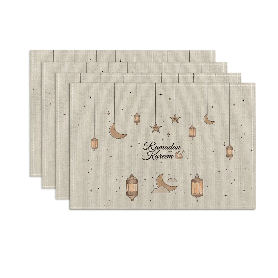 4pcs Moon Lantern & Star Patterned Placemats, Modern Linen-Like Non-Slip Heat Resistant Table Mats For Eid, Holiday Themes, Parties, Outdoor Dining, Restaurants, Kitchens, Islamic Homes