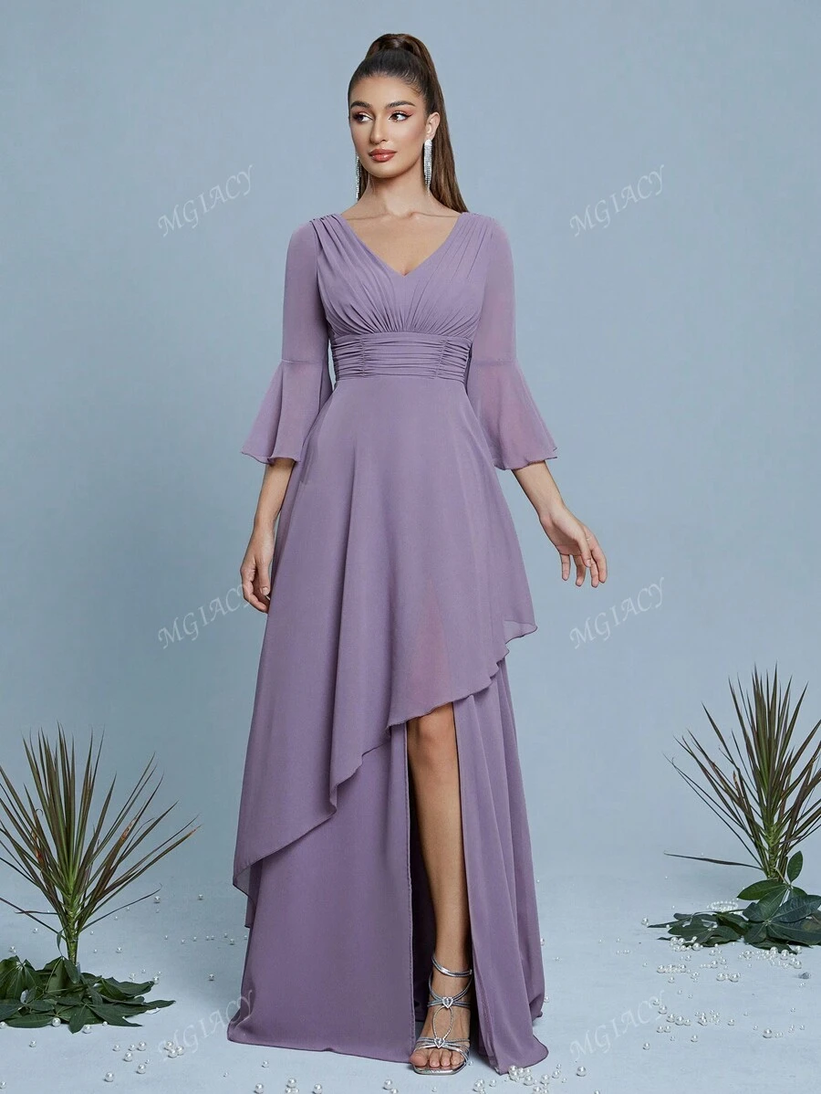 Mgiacy New Arrival V Neck Solid Color Bridesmaid Dress Flounce Sleeve Ruched OverlayChiffon Long Dress