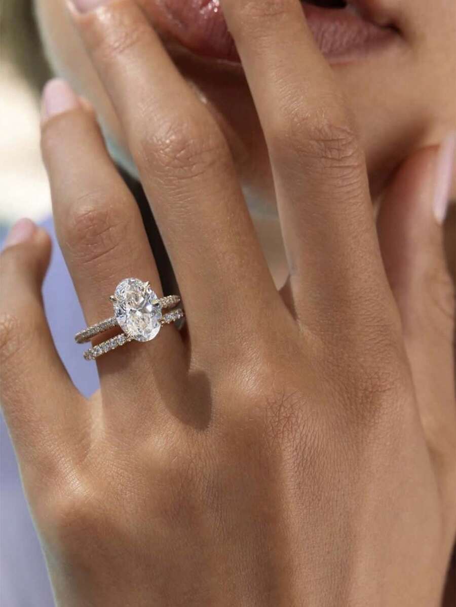 2pcs Set Fashionable Minimalist Style S925 Silver Oval 2.5CT Moissanite Ring Set, Jewelry For Women Suitable For Engagement, Wedding, Party, Daily Wear, Gift For Valentine's Day