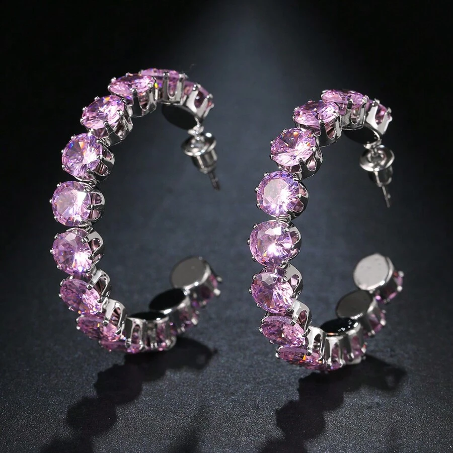 1 Par de Brincos de Botão Femininos Bonitos Pequenos e Redondos com Zircônia Rosa, Cor de Prata Antiquada, Jóias para Casamento, Noivado e Festa