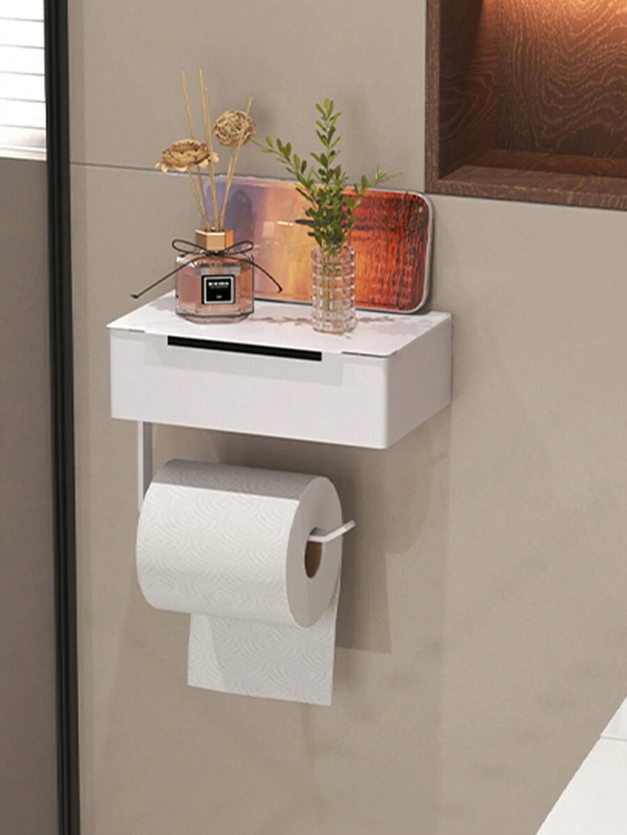 1 pieza Portarrollos de papel higiénico con estante, caja de almacenamiento de toallitas para el baño, portarrollos de papel higiénico, dispensador de pañuelos montado en la pared, estante colgante de almacenamiento de papel para el baño, accesorios de baño, estante de almacenamiento de papel higiénico montado en la pared
