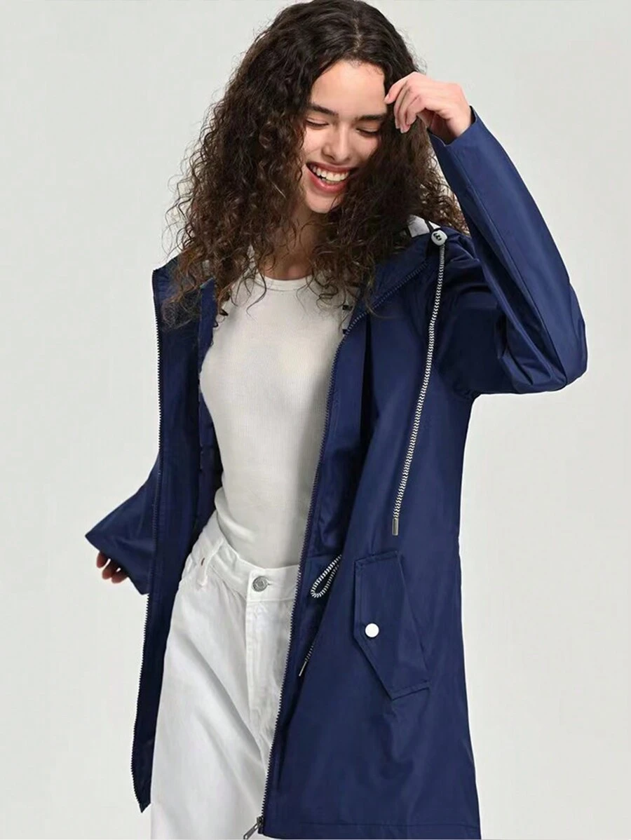 Spring And Autumn Long Sleeve Water Repellent Mid-Length Windbreaker Women Hooded Thin Coat For Outdoor Activities.