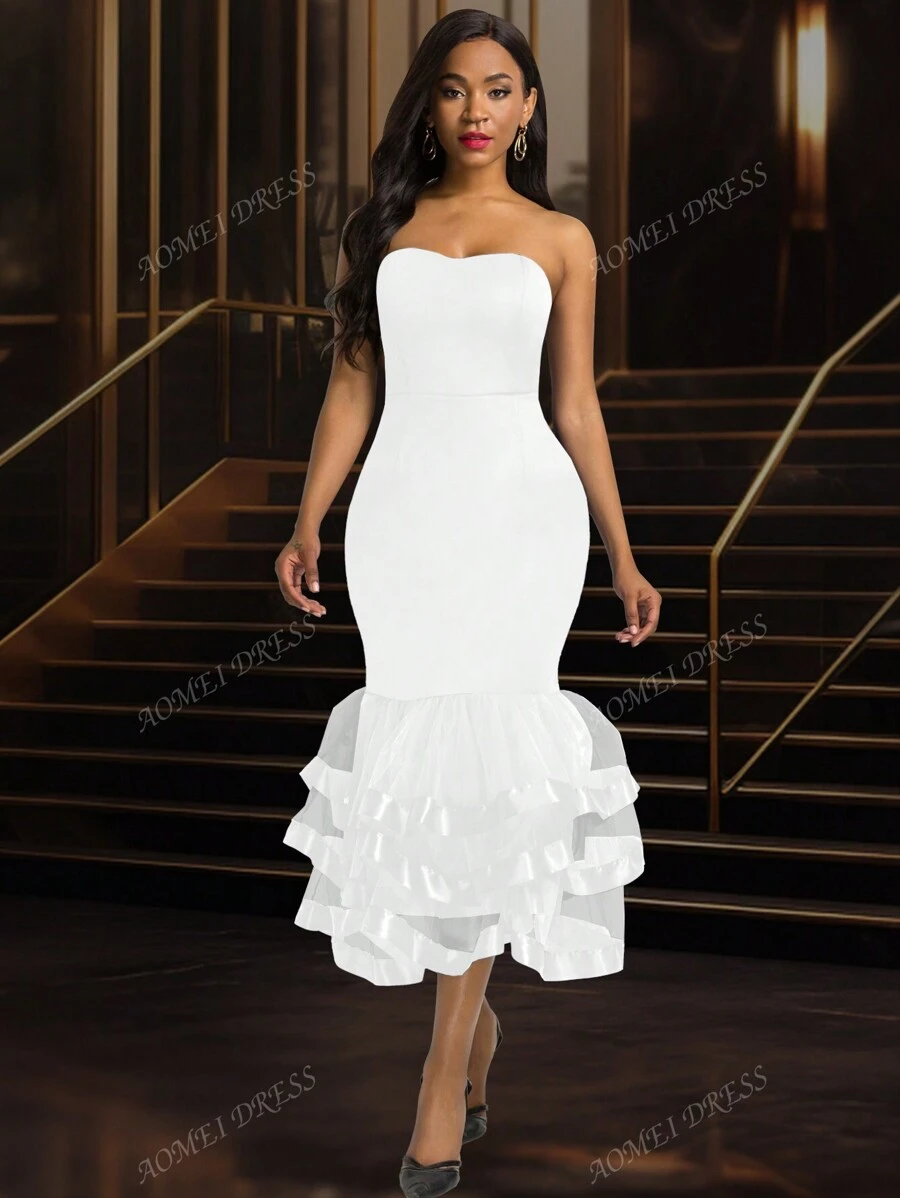 Sexy Strapless Mesh Bodycon Layered Mini Graduation White Dress, For Birthday, Wedding Guest, Graduation, Dinner, Homecoming,Party Dress,Gown,Formal,Evening