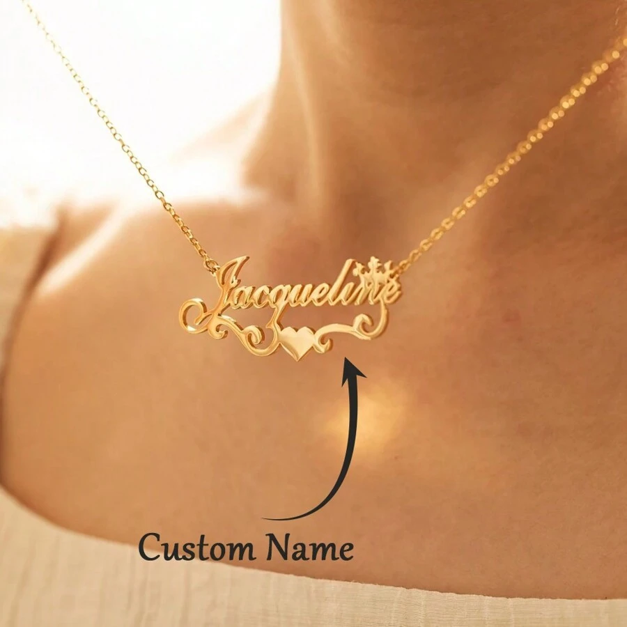 1 pièce Collier pendentif personnalisé avec couronne en forme de cœur et nom. Collier avec plaque à nom exquis en acier inoxydable. Cadeau personnalisé pour la Saint-Valentin, anniversaire, Noël pour la petite amie, la mère, l'amie