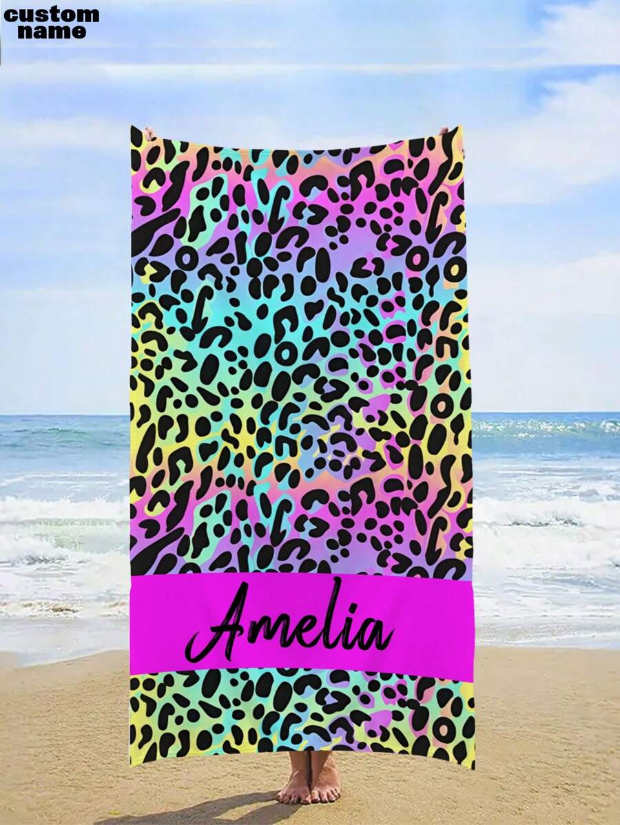 1pc Customized Text & Photo Personalized Beach Towel, Customized Leopard Print Name Beach Blanket, Customized Pool Towel With Name, Outdoor Birthday Holiday Gift Summer Bathroom Decor, Slow Summer Living Travel Essentials Travel Accessories Beach Essentials,Multi-Functional,Durable,Ornamental,Reusable,Exquisite,Stylish,High-Quality,Colorful,Modern,Custom,Personalized,Unique,Ideal Gifts For Him,Ideal Gifts For Her,Boyfriend,Dad,Girlfriend,Mom,Family,Friends,Tea Room,Home,Garden,Office,For Anniversaries,For Valentine's Day,For Mother's Day,For Birthdays,For Father's Day,For Graduation,For Weddings,For Housewarming