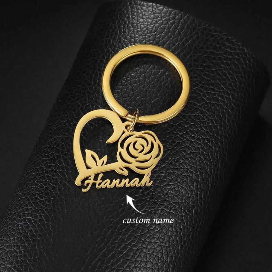 Porte-clés personnalisé avec cœur creux en rose en acier inoxydable. Porte-clés mode, bijou, cadeau pour petite amie, pendentif de sac