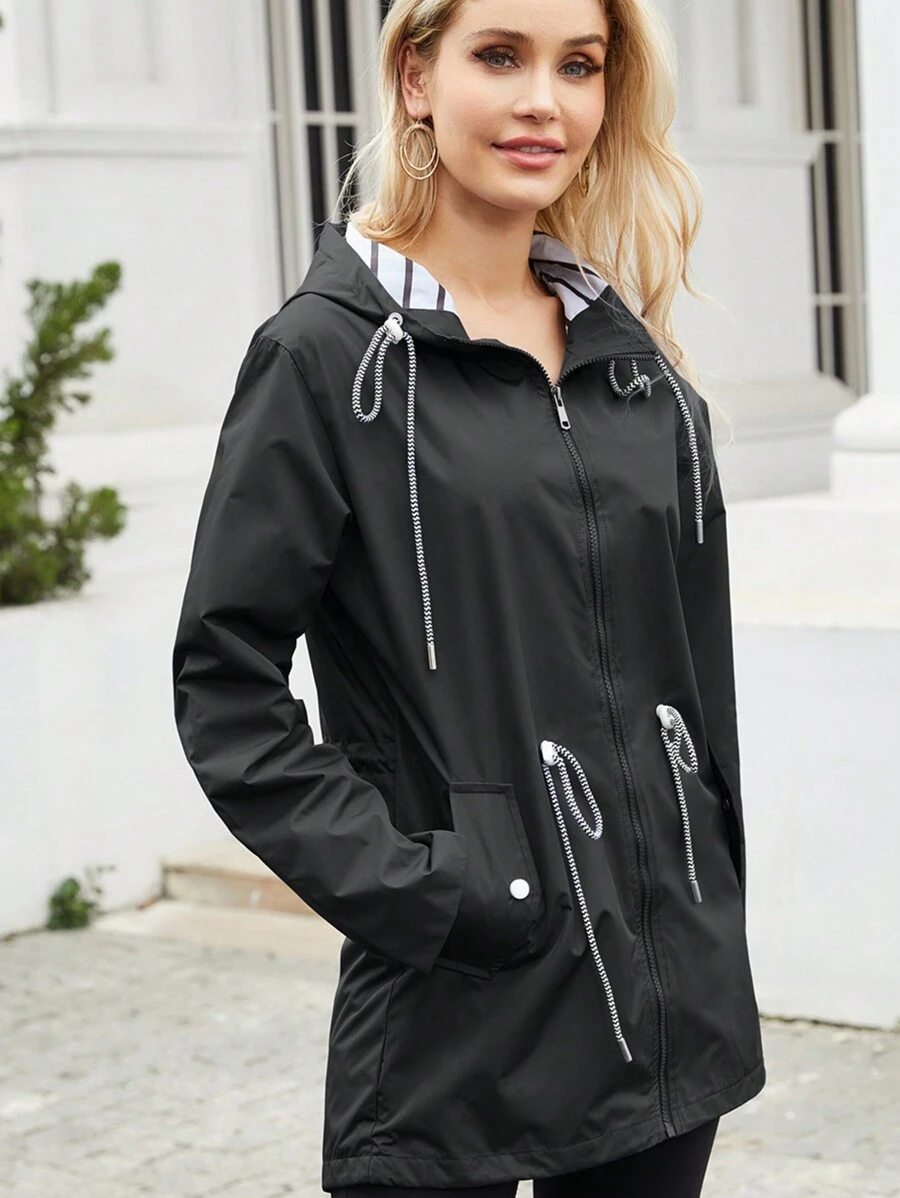 Spring/Autumn Long Sleeve Hooded Waterproof Mid-Long Windbreaker Jacket For Women Outdoor Activities