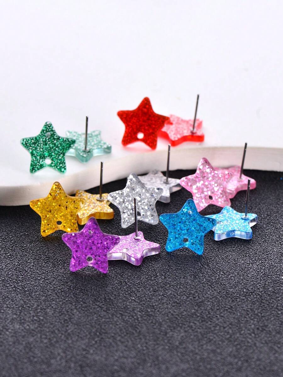20pcs Geometric Star Shaped Transparent Shiny Sequins Multicolor Acrylic Earring Studs, DIY Jewelry Making Earring Components Accessories