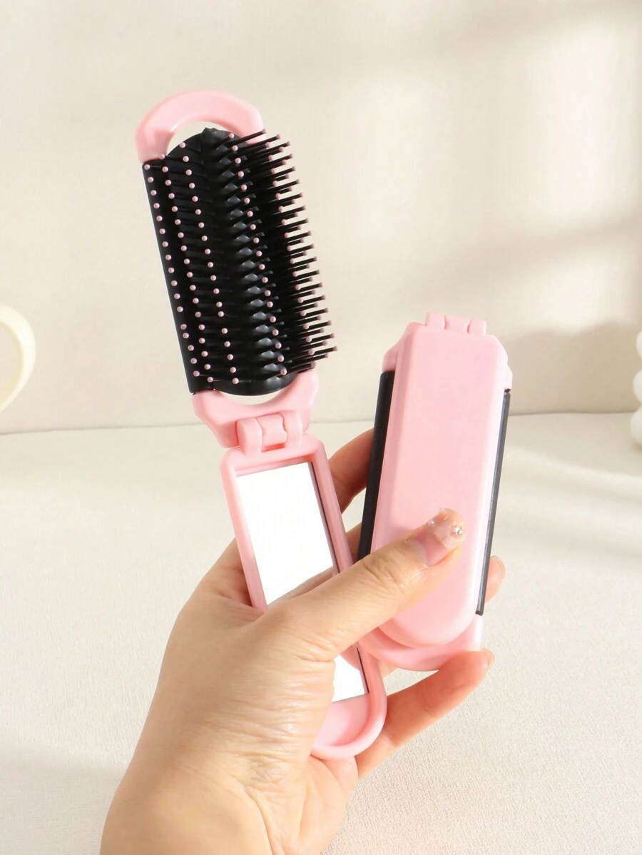 1pc Foldable Pink Comb With Built-In Mirror, Portable Travel Hairbrush, Convenient Storage, Great Gift For Women,Hair Brush,Comb,Hair Tools,Hair Products And Accessories For Barber Salon Beauty Travel Essentials,Back To School,Travel Holiday Essentials,Hair Accessories For Women