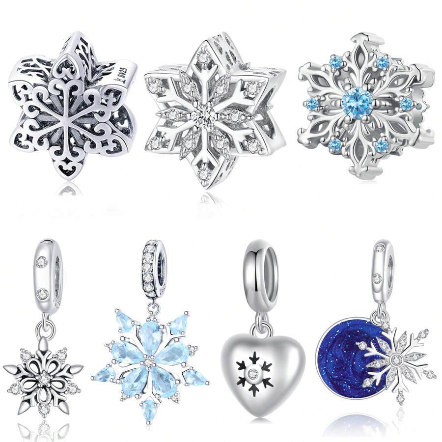 WOSTU 1 Stück 925 Sterlingsilber glänzender Winter Schneeflocken Charm Perlen Anhänger, geeignet für DIY Armband Halskette Schmuckherstellung, Geschenkidee für Mädchen & Frauen in der Ferienzeit
