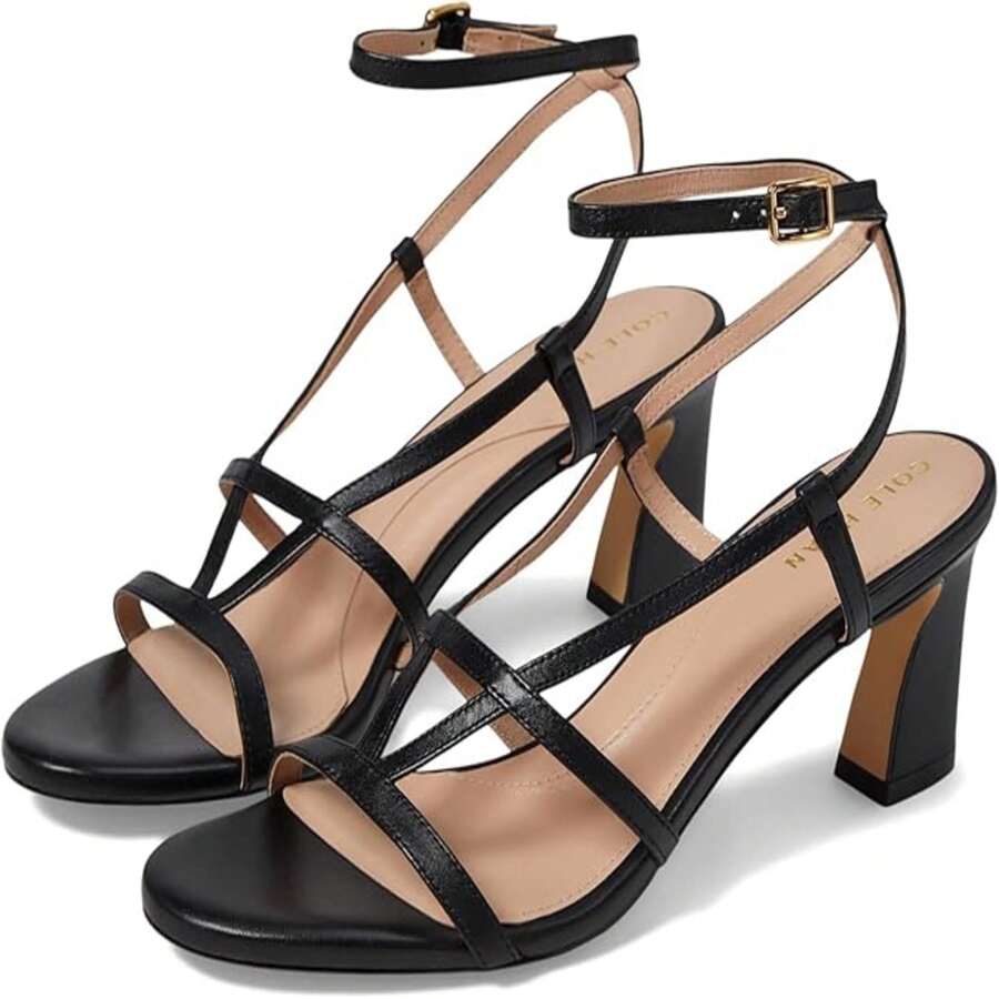Cole Haan Cole Haan Amber Black Leather Ankle Strap Rounded Open Toe Block Heeled Sandals