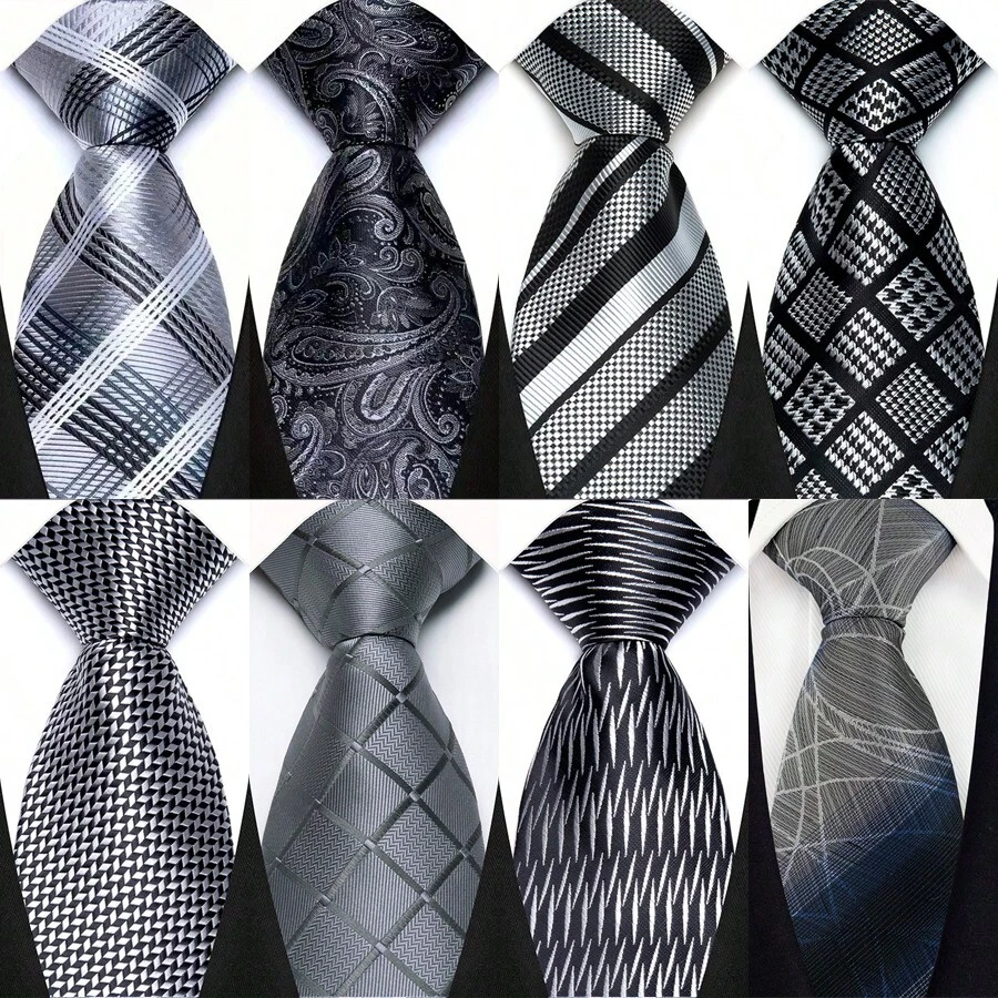 GOADAFOO Cravatta di lusso da 8cm per uomo, colori grigio, nero e bianco, a pois e righe floreali, cravatta jacquard tessuta a mano adatta per uomo, sposo, affari, matrimoni e feste