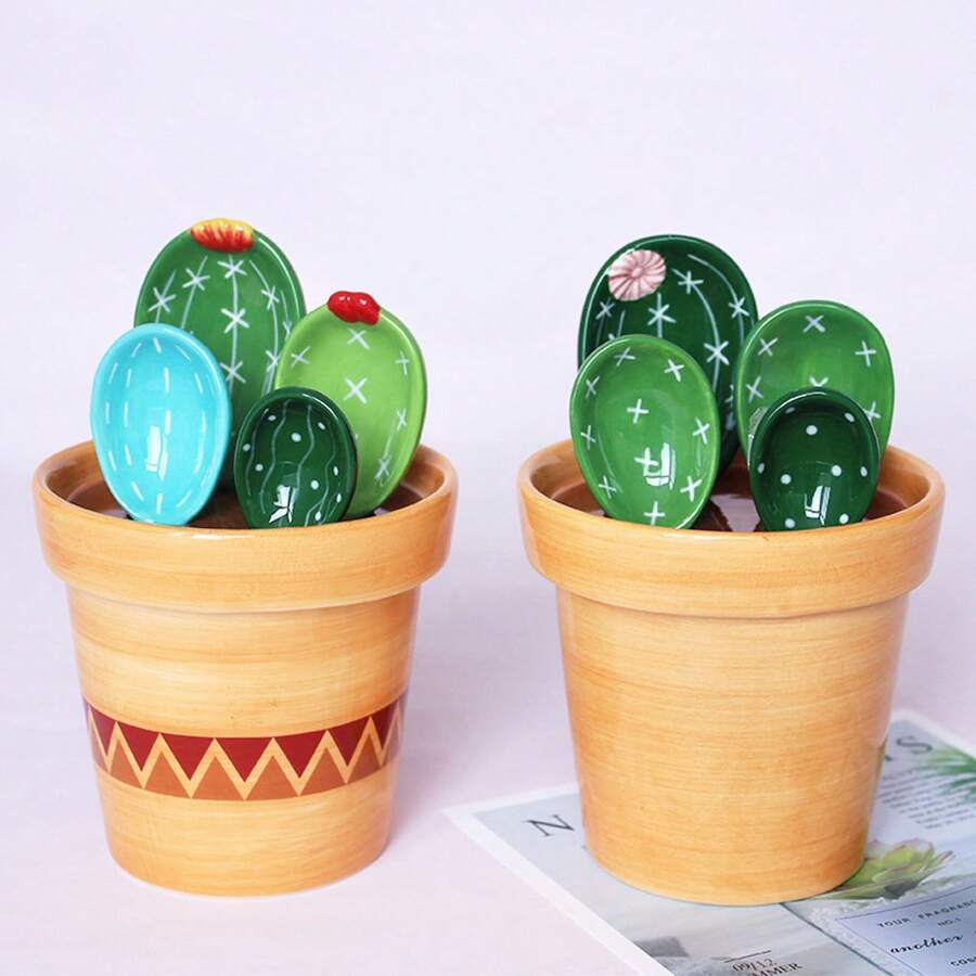 Set de 1 juego de cucharas medidoras de cerámica con diseño de cactus lindo, para cocina y hornear en el hogar