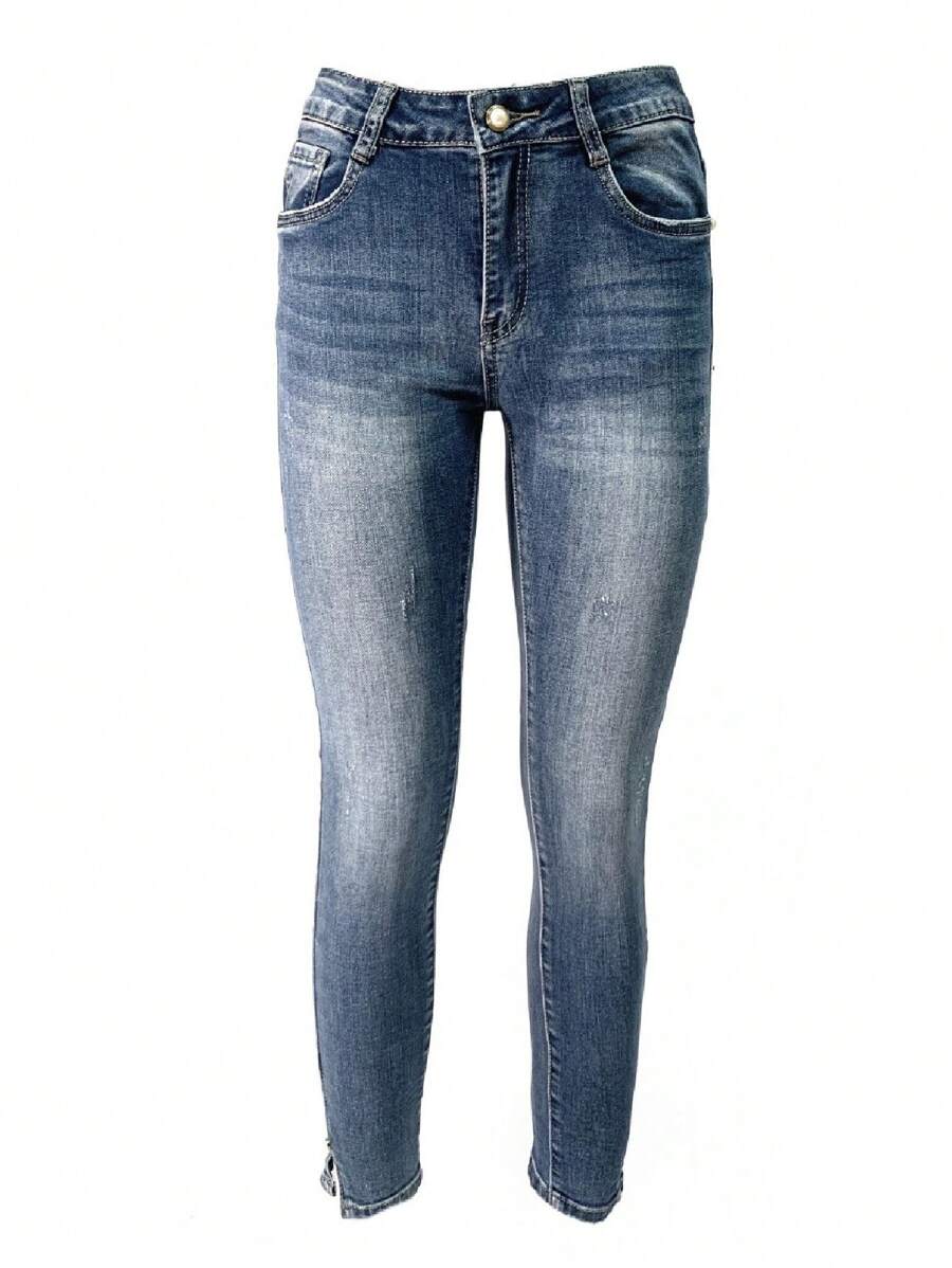 Laphilo Jean en jean pour femme avec 5 poches et fermeture sur le devant avec fermeture éclair et bouton.