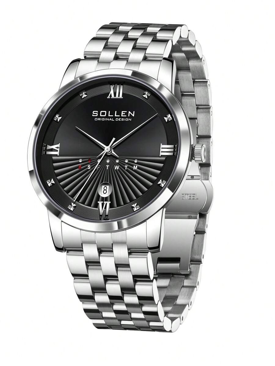 SOLLEN Silver Luxury Men's Dress Watch, Stainless Steel Waterproof Business Casual Quartz Watch With Calendar, Fashionable Gift For Men