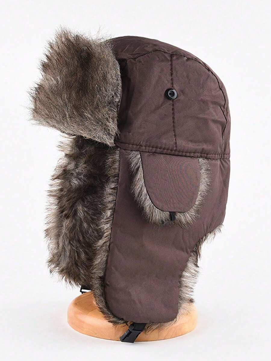 1pc Unisex Coffee Thick Thermal Lined Water-Resistant Trapper Hat With Ear Flaps, Warm Winter Ski Hat, Suitable For Outdoor Activities & Casual Wear