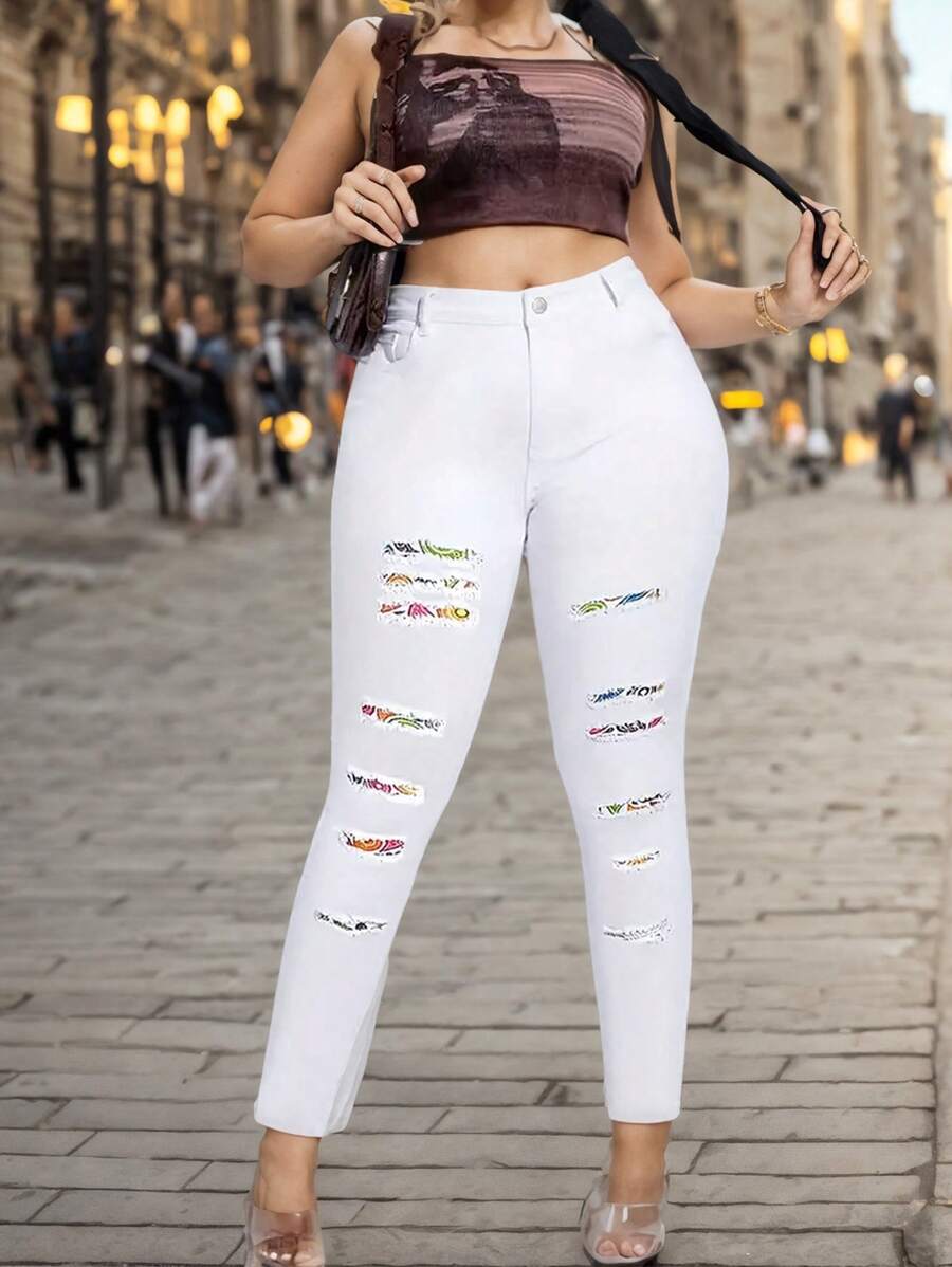 Women's High Waist Plus Size Tight Fitting Pants, Ripped Elastic Print Patchwork Fashionable Jeans, Women's Clothing & Denim