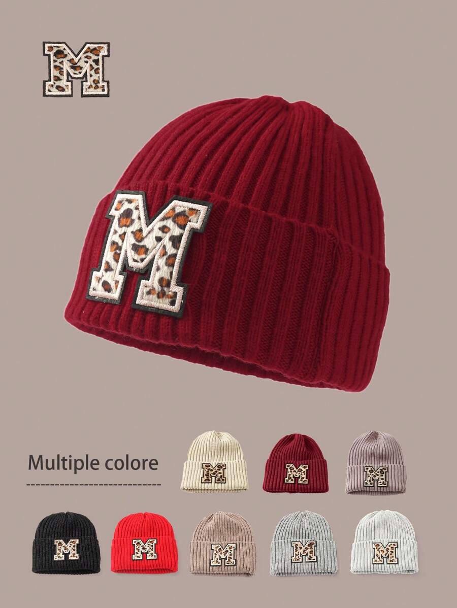 1pc Letter & Leopard Striped Casual Bohemian Acrylic Solid Embroidered Ski Beanie Hat, Knitted, Autumn/Winter, Versatile