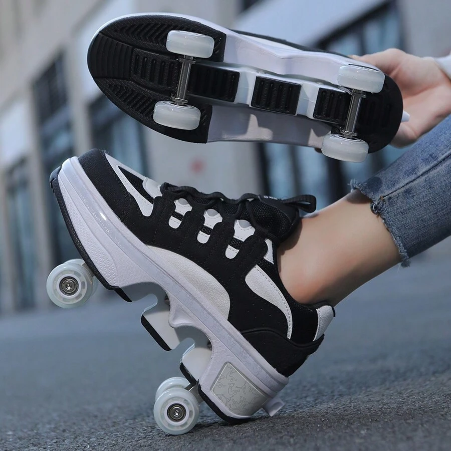 PHTEER Pattini a rotelle retraibili a 4 ruote, per studenti, scarpe con ruote unisex per teenager, pattini per pattinaggio, alla moda