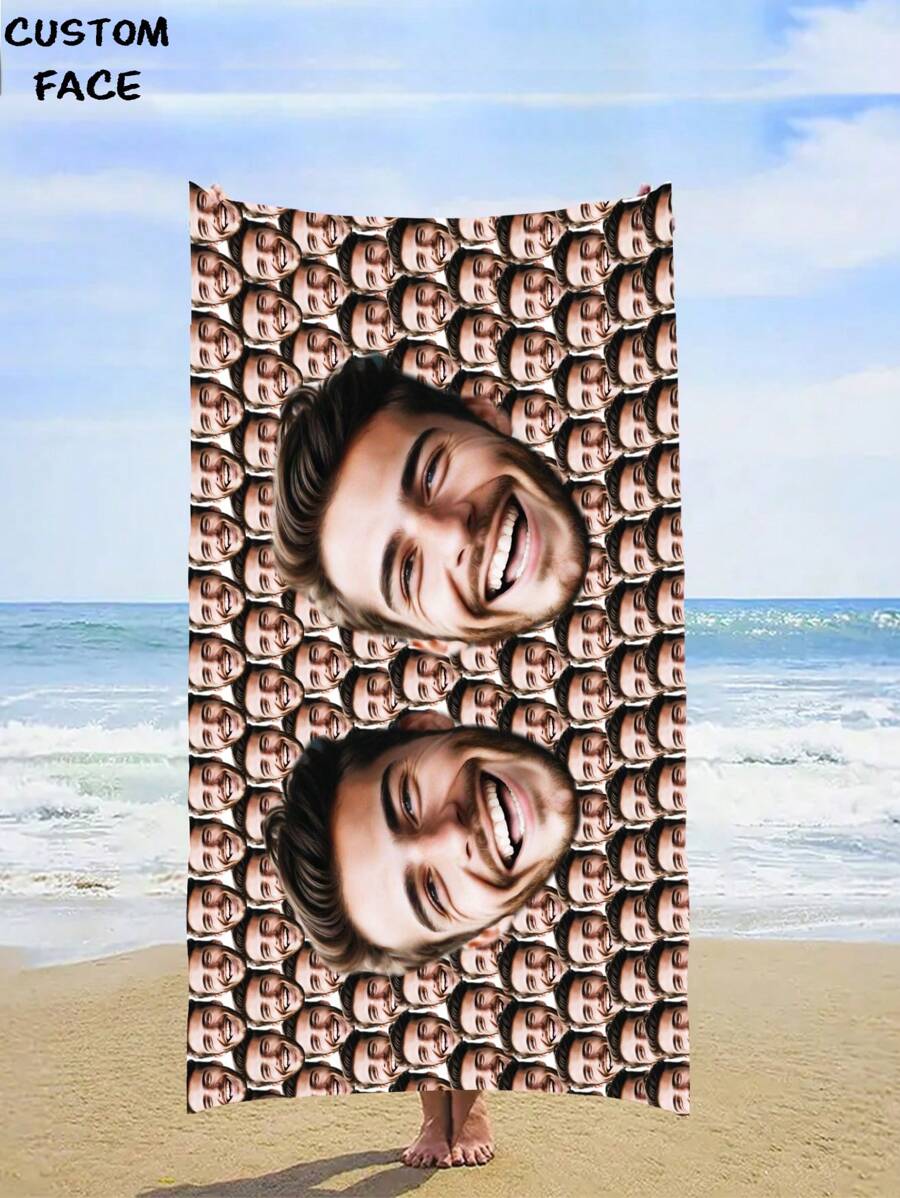 1pc Customized Photo Funny Face Personalized Beach Towel, Personalized Name Bath Towel, Customized Swimming Pool Towel, Beach Blanket, Outdoor Birthday Holiday Gift Summer Bathroom DecorTravel Essentials Travel Accessories Beach Essentials