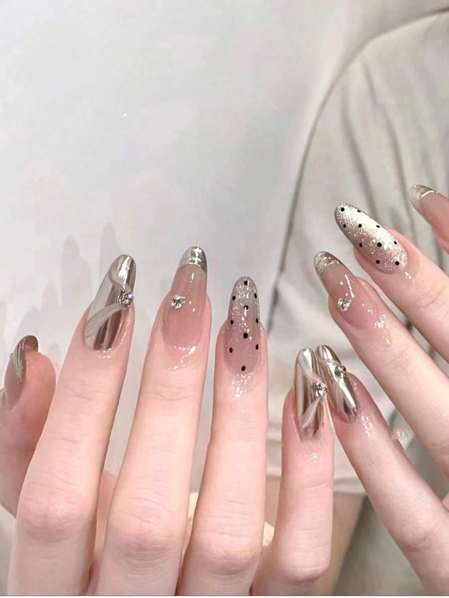 24pcs Set Diamond-Encrusted Nude Stiletto Cat Eye Polka Dot Removable Fake Simple Fashionable Versatile European-American Style Nail Tips, Featuring A Classy Design Suitable For Balls, Dates, Parties, Home And Daily Wear, Ideal Gift For Fashionable Ladies & Girls, Today's Order Includes 1 Pack Of Nail Tips And 1 Nail File