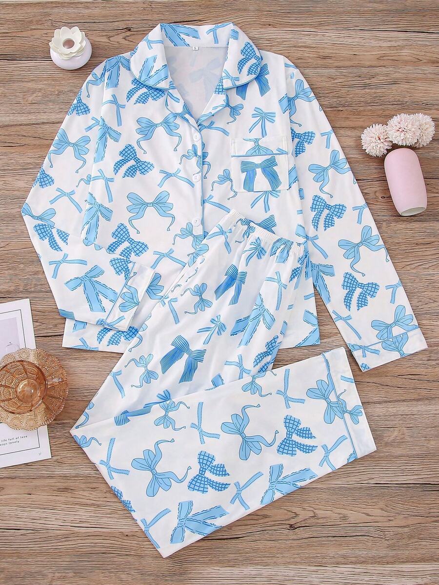 2 pièces Ensemble de vêtements de nuit pour femmes avec imprimé nœud, Top à manches longues avec col châle et pantalon ample à taille élastique avec poches. Pyjamas et vêtements de détente décontractés pour toutes les saisons