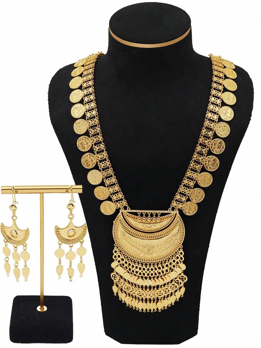 Set de 2 piezas con aretes y collar chapado en oro de 24K de aleación de zinc, joyería de novia de lujo, estilo Dubai
