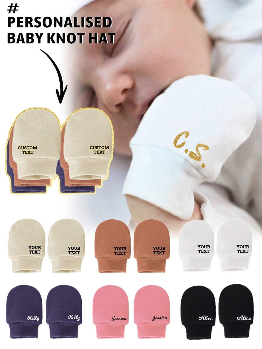 1 paar aangepaste naamlogo babywanten, pasgeboren zachte katoenen ziekenhuishandschoenen, geschikt voor jongens, meisjes, alle seizoenen, multifunctioneel, decoratief, letter, stijlvol, zacht, modern, kleurrijk, kawaii, schattig, casual, aangepast, gepersonaliseerd, uniek, op maat gemaakt, babycadeaus, ideale cadeaus voor hem, ideale cadeaus voor haar, zoon, dochter