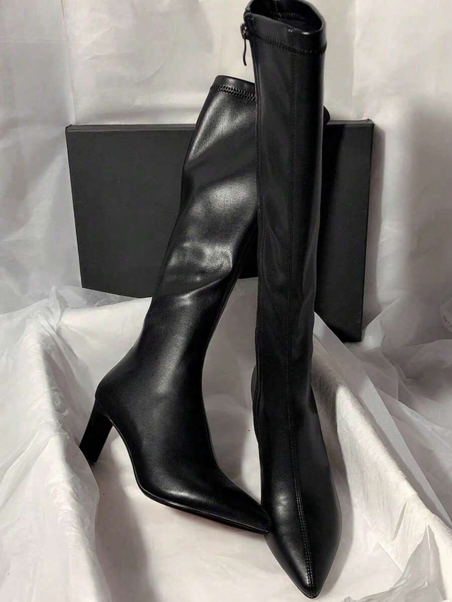 Stivali alti con tacco alto da donna, nuovi stivali alti sopra il ginocchio elasticizzato con punta affusolata e tacco spesso per l'autunno/inverno
