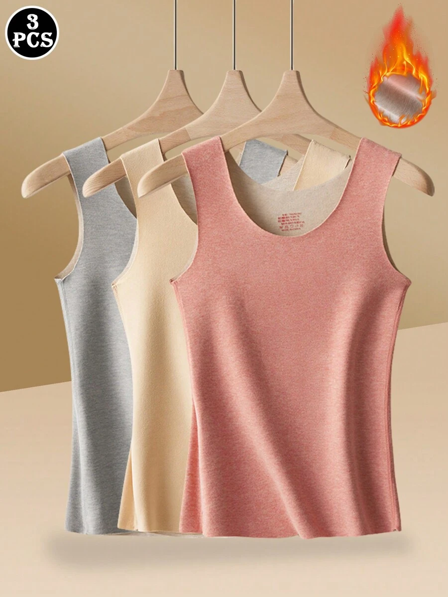 3 Pcs Women's Warm Thermal Vest, Double-Sided Brushed Lined, Solid Color Undershirt