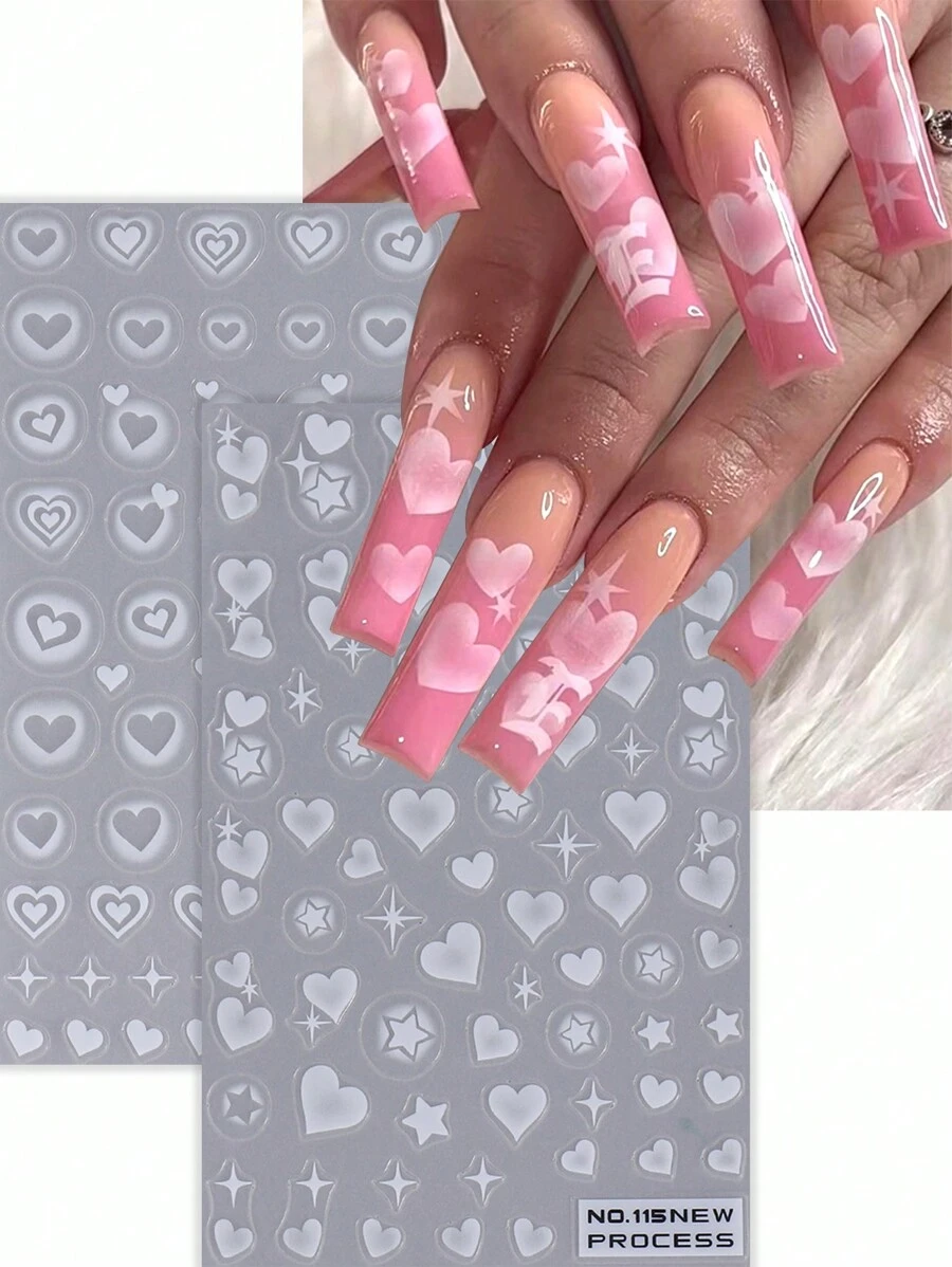 2 pezzi di adesivi per unghie a cuore 3D con aerografo, adesivi per unghie a cuore bianco e stelle per San Valentino, decorazioni eleganti, accessori e strumenti fai-da-te per la manicure