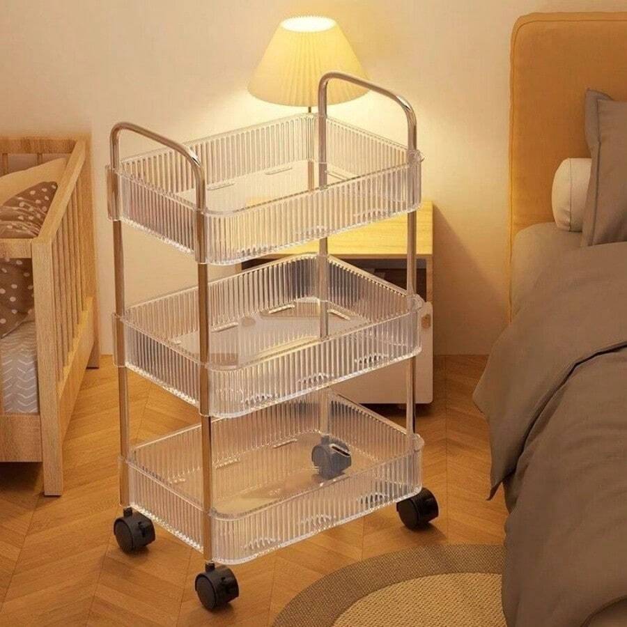 1pc Transparent Acrylic Storage Cart, Kitchen, Living Room, Bedroom, Multi-Layer Cart Storage Rack,Mobile Transparent Storage Rack, Small Cart, Cosmetics, Bedroom Bookshelf, Living Room Snacks, Multi-Layer Storage Rack, Bathroom Outdoor Decor